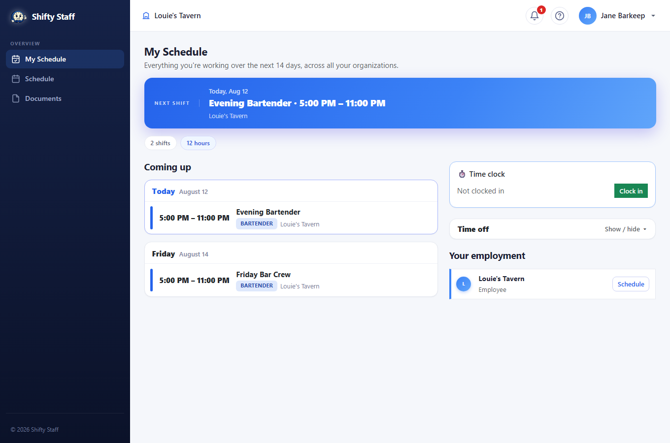 The My Schedule page showing upcoming shifts