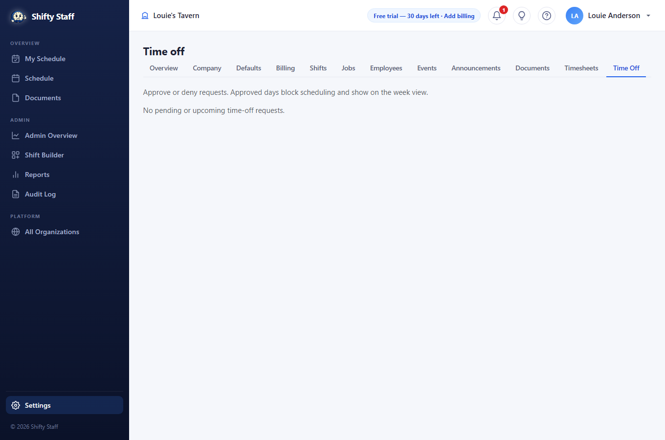 The time-off approvals page